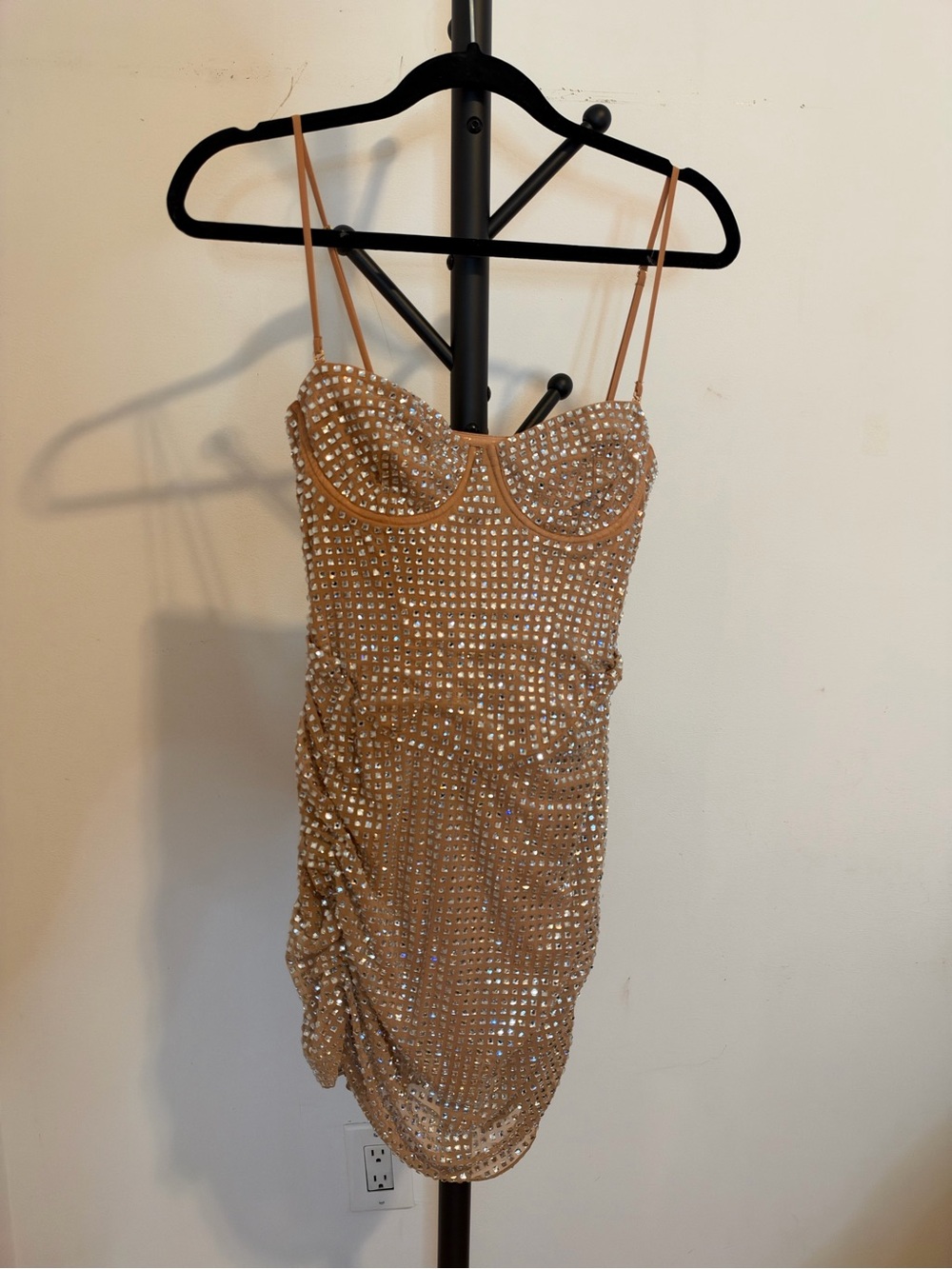 Oh Polly Nude Crystal Mini Dress with Spaghetti Straps